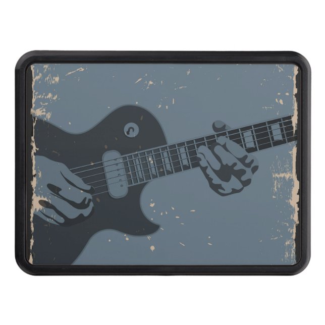 Blue & Black Rustic Guitar Player Trailer Hitch Cover (Front)