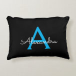 Blue Black Script Girly Monogram Name Accent Pillow<br><div class="desc">Black and Blue Script Monogram Name and Initial Pillow. The pillow makes the perfect sweet 16 birthday,  wedding,  bridal shower,  baby shower or bachelorette party gift for someone decorating her room in rose gold.</div>