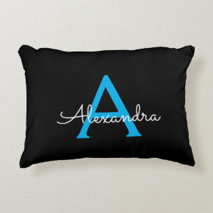 Blue Black Script Girly Monogram Name Accent Pillow