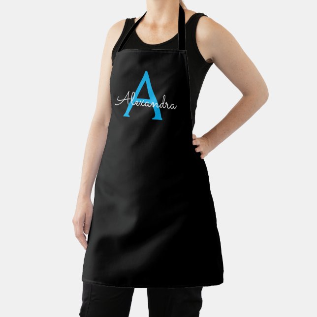 Blue Black Script Girly Monogram Name Apron (Insitu)