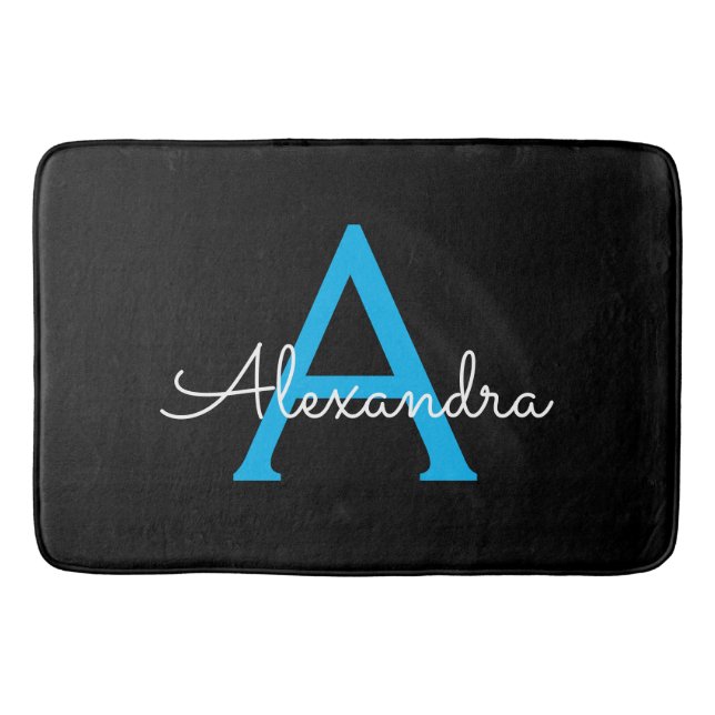 Blue Black Script Girly Monogram Name Bath Mat (Front)