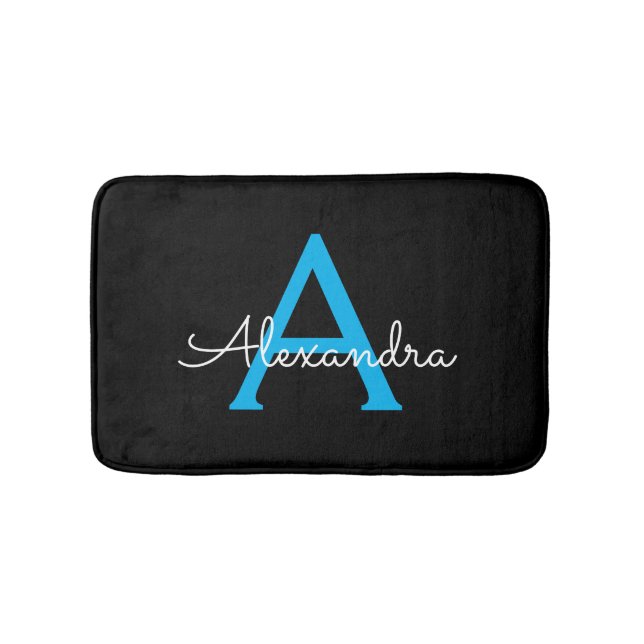Blue Black Script Girly Monogram Name Bath Mat (Front)