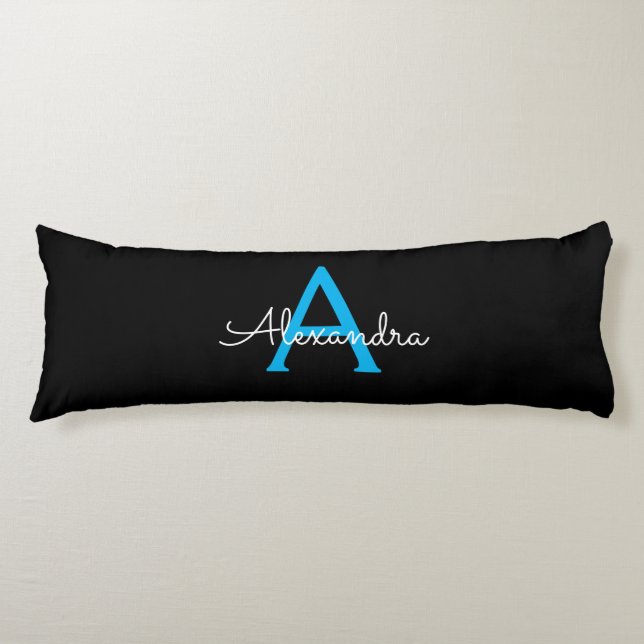 Blue Black Script Girly Monogram Name Body Pillow (Front)