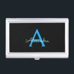 Blue Black Script Girly Monogram Name Business Card Holder<br><div class="desc">Black and Blue Simple Script Monogram Name Business Card Holder. This makes the perfect sweet 16 birthday,  wedding,  bridal shower,  anniversary,  baby shower or bachelorette party gift for someone that loves glam luxury and chic styles.</div>