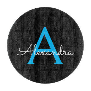 Blue Black Script Girly Monogram Name Cutting Board