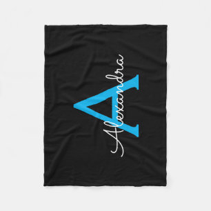 Blue Black Script Girly Monogram Name Fleece Blanket