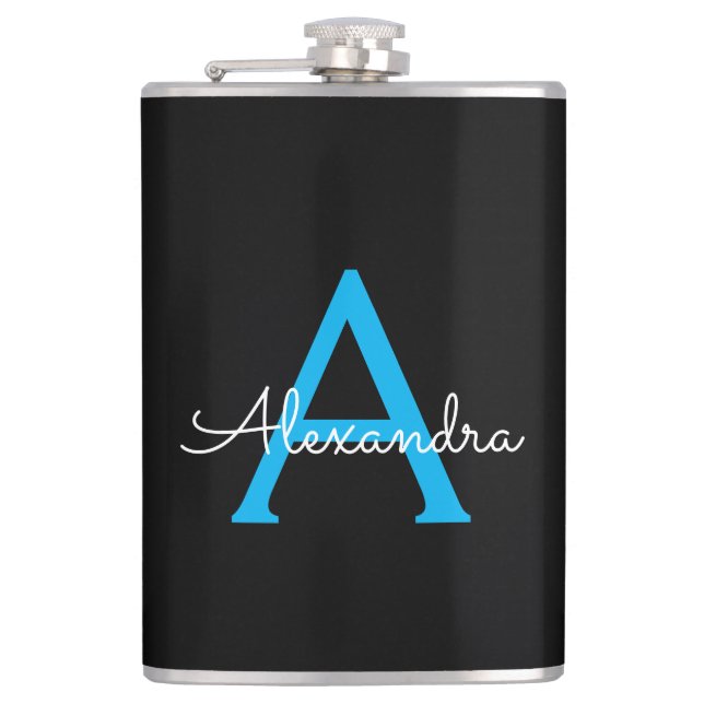 Blue Black Script Girly Monogram Name Hip Flask (Front)