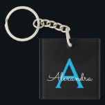 Blue Black Script Girly Monogram Name Keychain<br><div class="desc">Black and Blue Simple Script Monogram Name Keychain. This makes the perfect sweet 16 birthday,  wedding,  bridal shower,  anniversary,  baby shower or bachelorette party gift for someone that loves glam luxury and chic styles.</div>