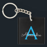 Blue Black Script Girly Monogram Name Keychain<br><div class="desc">Black and Blue Simple Script Monogram Name Keychain. This makes the perfect sweet 16 birthday,  wedding,  bridal shower,  anniversary,  baby shower or bachelorette party gift for someone that loves glam luxury and chic styles.</div>