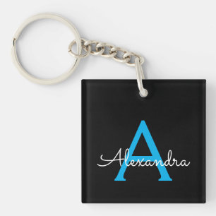 Blue Black Script Girly Monogram Name Keychain