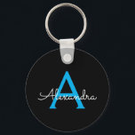 Blue Black Script Girly Monogram Name Keychain<br><div class="desc">Black and Blue Simple Script Monogram Name Keychains (Key Chain). This makes the perfect sweet 16 birthday,  wedding,  bridal shower,  anniversary,  baby shower or bachelorette party gift for someone that loves glam luxury and chic styles.</div>