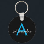 Blue Black Script Girly Monogram Name Keychain<br><div class="desc">Black and Blue Simple Script Monogram Name Keychains (Key Chain). This makes the perfect sweet 16 birthday,  wedding,  bridal shower,  anniversary,  baby shower or bachelorette party gift for someone that loves glam luxury and chic styles.</div>