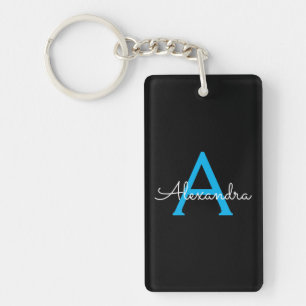 Blue Black Script Girly Monogram Name Keychain