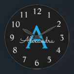 Blue Black Script Girly Monogram Name Large Clock<br><div class="desc">Blue and Black Simple Script Monogram Name Clock. This makes the perfect sweet 16 birthday,  wedding,  bridal shower,  anniversary,  baby shower or bachelorette party gift for someone that loves glam luxury and chic styles.</div>