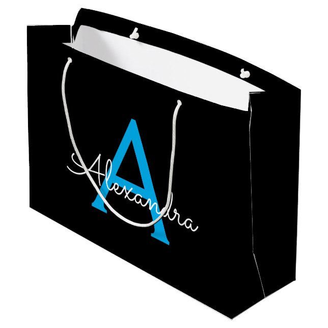 Blue Black Script Girly Monogram Name Large Gift Bag (Back Angled)