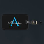 Blue Black Script Girly Monogram Name Luggage Tag<br><div class="desc">Black and Blue Monogram Add your own Name Script Luggage Bag Tag The bag tag makes the perfect sweet 16 birthday,  wedding,  bridal shower,  baby shower or bachelorette party gift for someone decorating her room in style.</div>