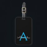 Blue Black Script Girly Monogram Name Luggage Tag<br><div class="desc">Blue and Black Monogram Add Your Own Name Script Signature Pillow. The luggage bag tag makes the perfect sweet 16 birthday,  wedding,  bridal shower,  baby shower or bachelorette party gift for someone who loves a chic elegant and modern style.</div>