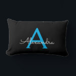 Blue Black Script Girly Monogram Name Lumbar Pillow<br><div class="desc">Blue and Black Monogram Add Your Own Name Lumbar Pillow. This makes the perfect sweet 16 birthday,  wedding,  bridal shower,  anniversary,  baby shower or bachelorette party gift for someone that loves glam luxury and chic styles.</div>