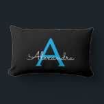 Blue Black Script Girly Monogram Name Lumbar Pillow<br><div class="desc">Blue and Black Monogram Add Your Own Name Lumbar Pillow. This makes the perfect sweet 16 birthday,  wedding,  bridal shower,  anniversary,  baby shower or bachelorette party gift for someone that loves glam luxury and chic styles.</div>