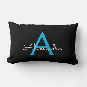 Blue Black Script Girly Monogram Name Lumbar Pillow