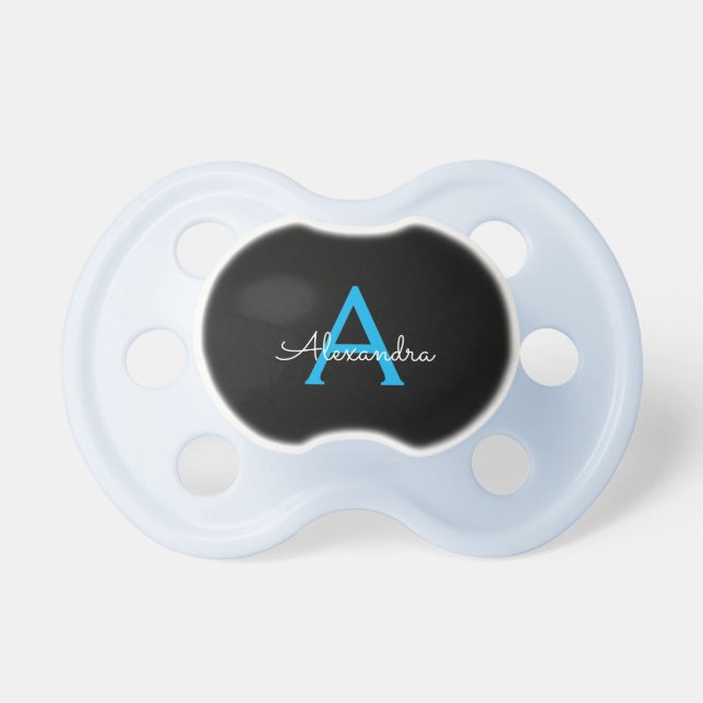 Blue Black Script Girly Monogram Name Pacifier (Front)