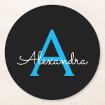 Blue Black Script Girly Monogram Name Round Paper Coaster<br><div class="desc">Black and Blue Simple Script Monogram Name Paper Coasters. This makes the perfect graduation,  birthday,  wedding,  bridal shower,  anniversary,  baby shower or bachelorette party gift for someone that loves glam luxury and chic styles.</div>