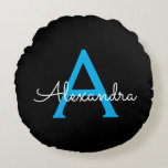 Blue Black Script Girly Monogram Name Round Pillow<br><div class="desc">Black and Blue Simple Script Monogram Name Pouf Pillow. The pillow makes the perfect sweet 16 birthday,  wedding,  bridal shower,  baby shower or bachelorette party gift for someone decorating her room in rose gold.</div>