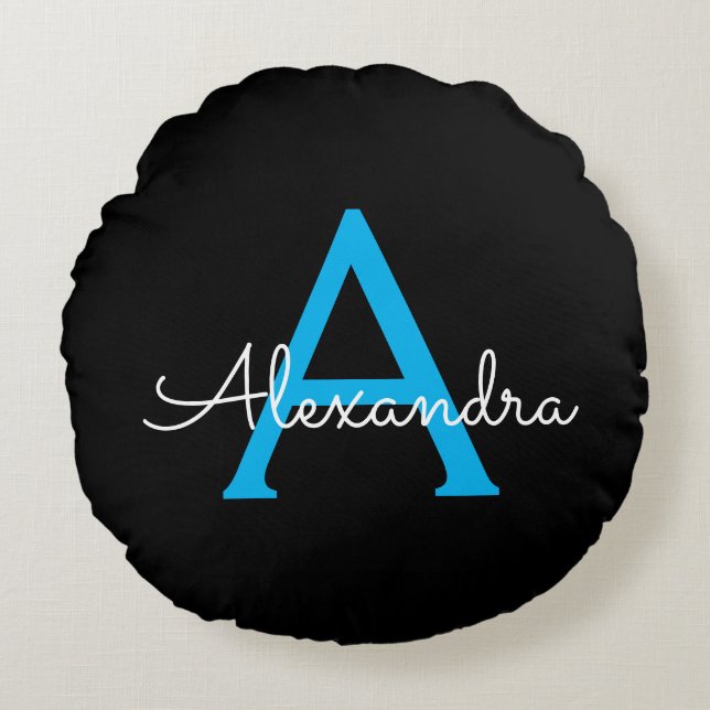 Blue Black Script Girly Monogram Name Round Pillow (Front)