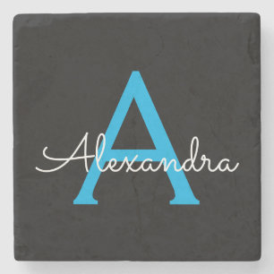 Blue Black Script Girly Monogram Name Stone Coaster