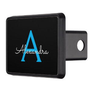 Blue Black Script Girly Monogram Name Trailer Hitch Cover
