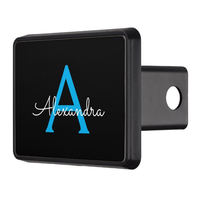 Blue Black Script Girly Monogram Name Trailer Hitch Cover (Left)