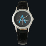 Blue Black Script Girly Monogram Name Watch<br><div class="desc">Black and Blue Simple Script Monogram Name Watch. This makes the perfect graduation,  birthday,  wedding,  bridal shower,  anniversary,  baby shower or bachelorette party gift for someone that loves glam luxury and chic styles.</div>