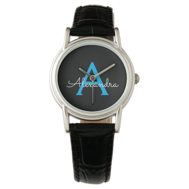 Blue Black Script Girly Monogram Name Watch (Front)