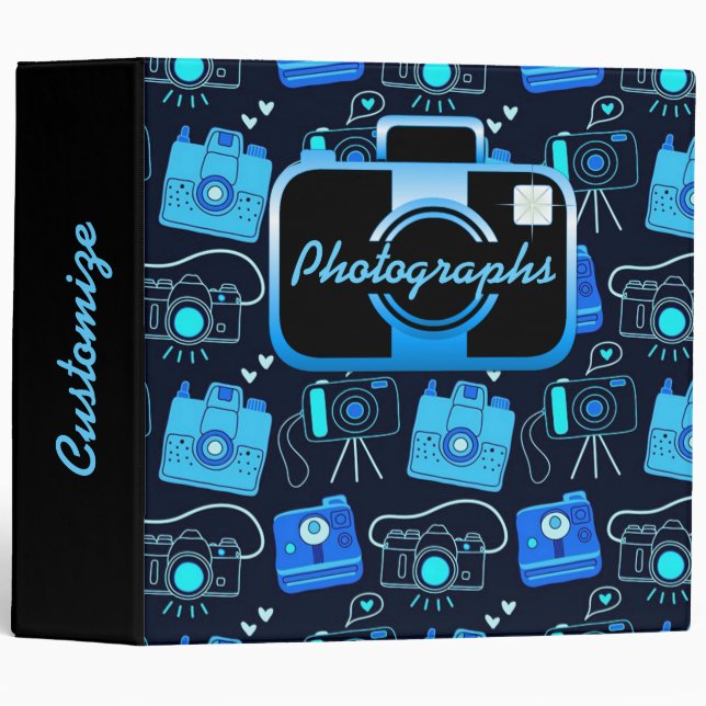 Blue & Black Shutter Bug Retro Cameras Binder (Front/Spine)