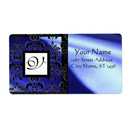 BLUE BLACK SILK DAMASK, SQUARE MONOGRAM SHIPPING LABEL