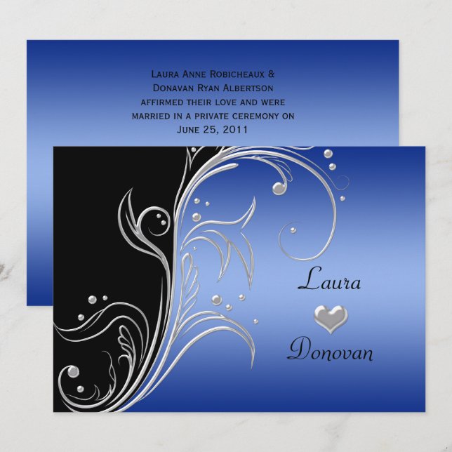 Blue Black Silver Floral Swirls Reception Only Invitation (Front/Back)