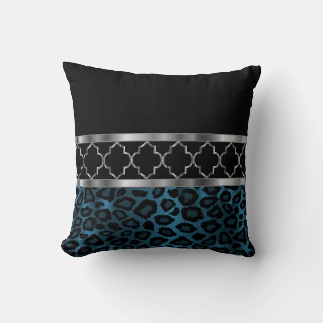 Blue, Black & Silver Quatrefoil and Leopard Throw Pillow (Front)