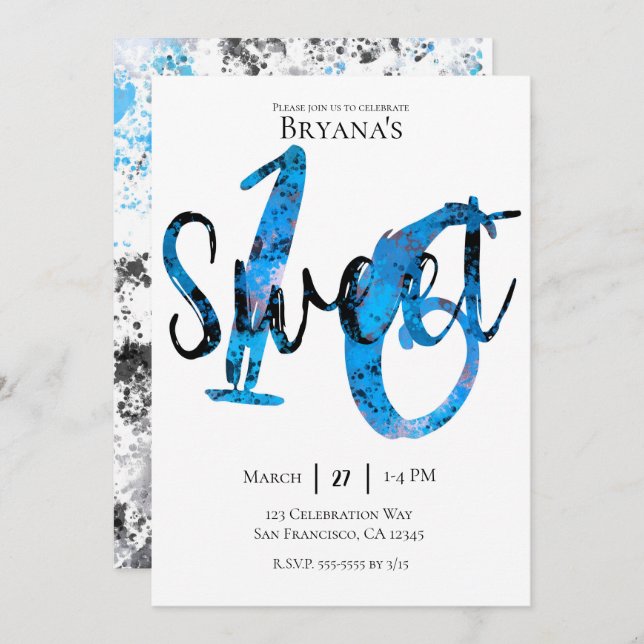 Blue Black Silver Splatter Sweet 16 Birthday Invitation (Front/Back)