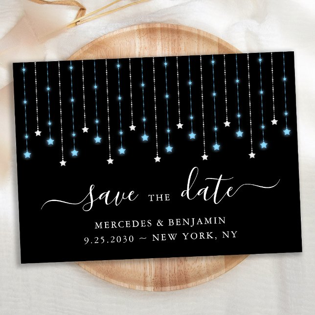 Blue Black Silver Stars String Lights Wedding Save The Date (Creator Uploaded)