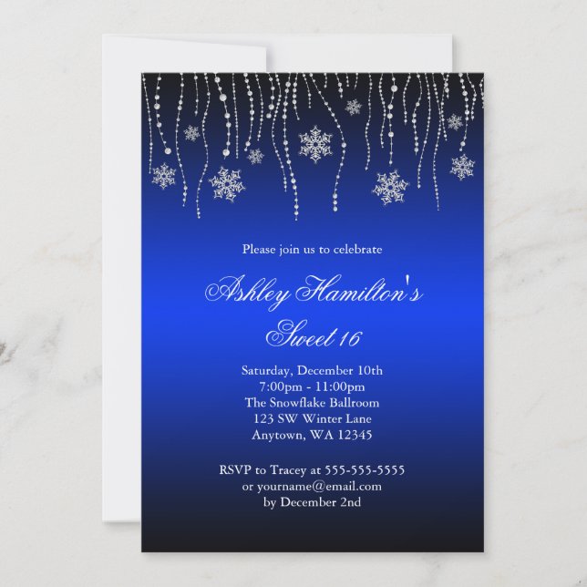 Blue Black Snowflakes Sweet 16 Winter Wonderland Invitation (Front)