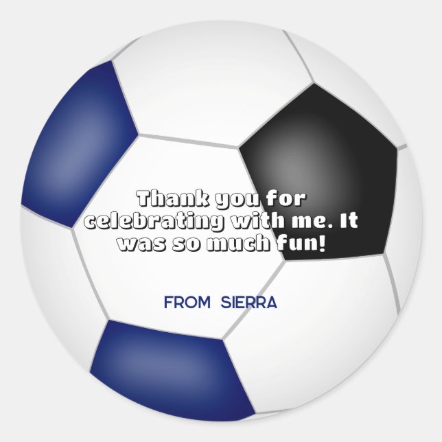 blue black soccer ball kids birthday party classic round sticker (Front)