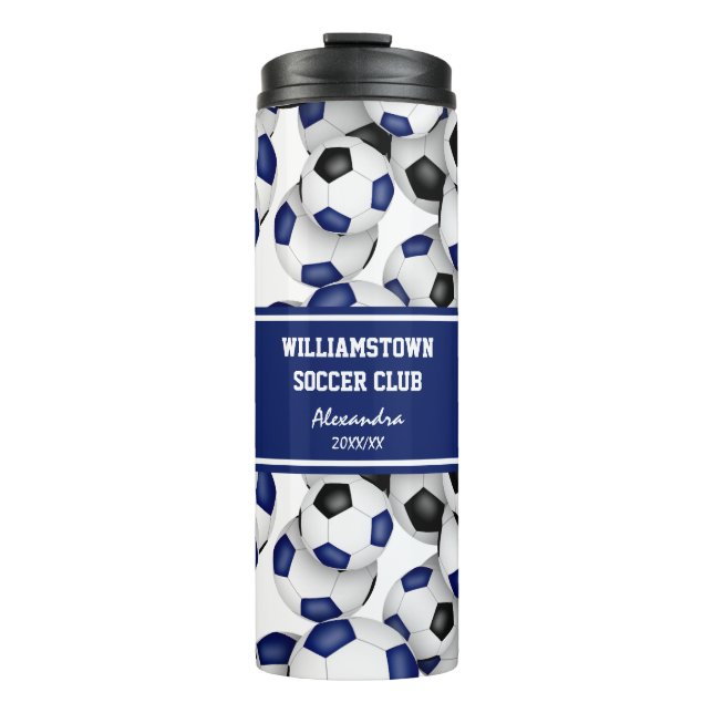 Blue black soccer balls pattern w custom name thermal tumbler (Front)