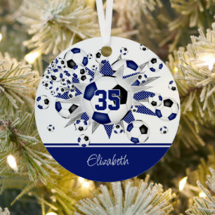 Blue black soccer balls stars keepsake  metal ornament