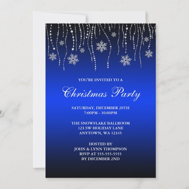 Blue Black Sparkle Snowflakes Christmas Party Invitation (Front)