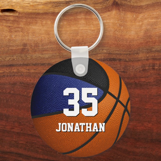 blue black sports team colours boys basketball keychain (Front)