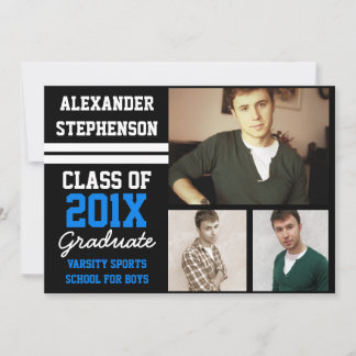 Blue/Black Sporty Boys 3 Photo Graduation Invitation