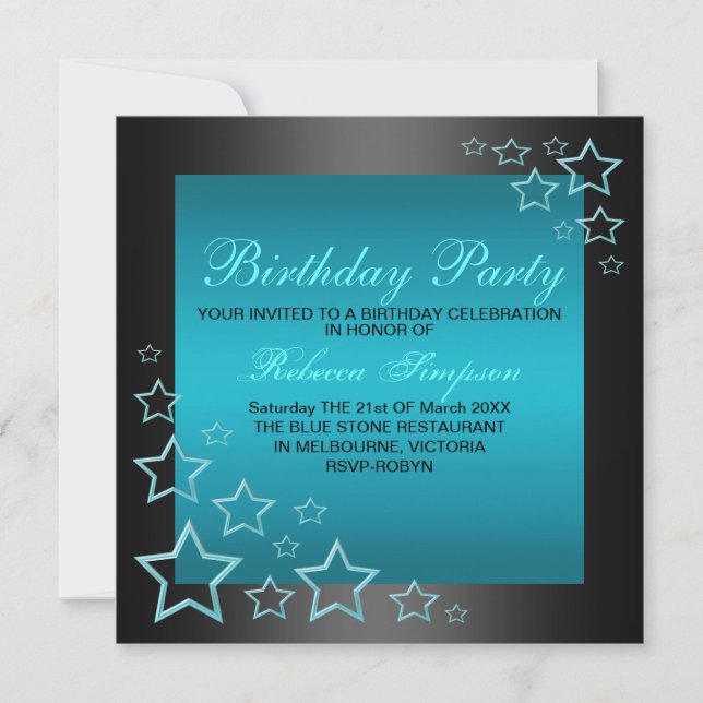 Blue & Black Star Birthday Invitation (Front)