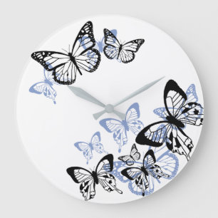 Blue-black stencil butterflies large clock
