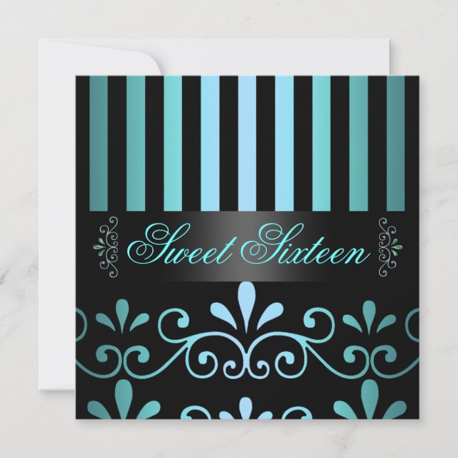 Blue/Black Stripe & Swirl Sweet 16 Invite (Front)