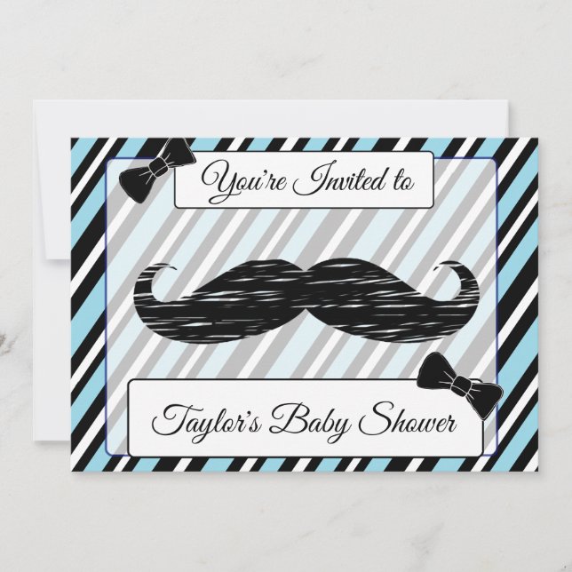 Blue & Black Striped Moustache Baby Shower Invite (Front)